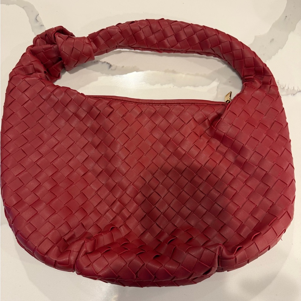 Red Woven Leather Hobo Bag